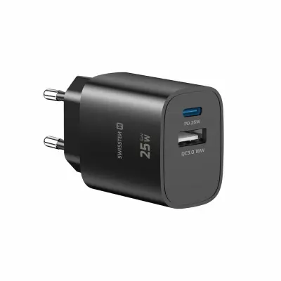 Polnilec SWISSTEN GAN 1X USB-C PD 25W,1xUSB-A 18W