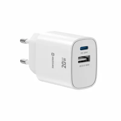 Polnilec SWISSTEN GaN 1xUSB-C PD 20W,1xUSB-A 18W