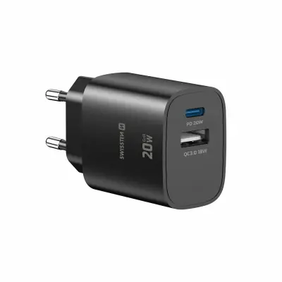 Polnilec SWISSTEN GaN 1xUSB-C PD 20W,1xUSB-A 18W