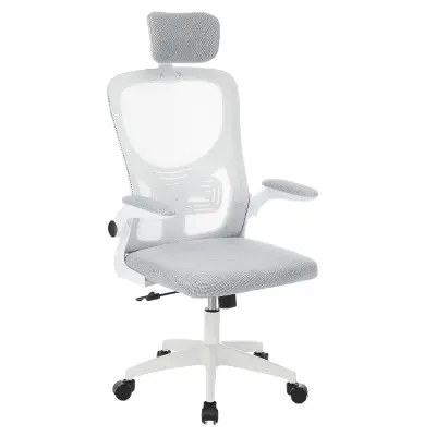 Ergonomska pisarniška stolica z ledveno oporo in naslonjalom za glavo - Siva