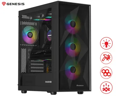 Računalniško ohišje GENESIS DIAXID 605 ARGB, Midi Tower, 4x ventilator, AIO LC do 420mm, GPU do 351mm, CPU Cooler do 168mm, črno
