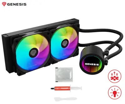Vodno hlajenje GENESIS HYDRIA 240 ARGB, All-In-One, 240mm, 3-fazna črpalka, 2x 120mm PWM ventilator, FDB ležaji