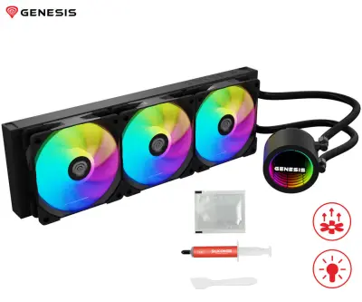 Vodno hlajenje GENESIS HYDRIA 360 ARGB, All-In-One, 360mm, aktivno, univerzalna kompatibilnost, 3-fazna črpalka, 3x 120mm PWM ventilator, FDB ležaji