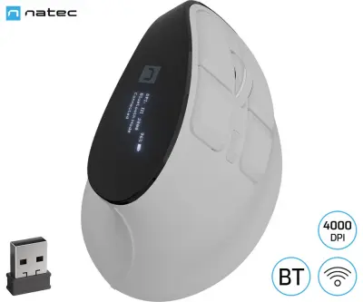 Vertikalna brezžična miška NATEC EUPHONIE PRO, BT/USB 2.4GHz, 4000DPI, OLED zaslon, za desničarje, bela