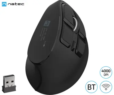 Vertikalna brezžična miška NATEC EUPHONIE PRO, ergonomska, Bluetooth/USB 2.4GHz, 4000DPI, črna