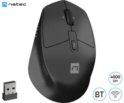 Brezžična miška NATEC KITE, ergonomska, BT/USB 2.4GHz, 4000DPI, 1x AA, BlueSense optični senzor, črna
