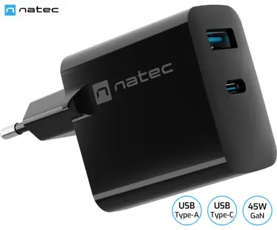 Polnilec NATEC RIBERA GaN, 45 W, 1x USB-A, 1x USB-C, PD 3.0, QC 3.0, protokol PPS, GaN, črn