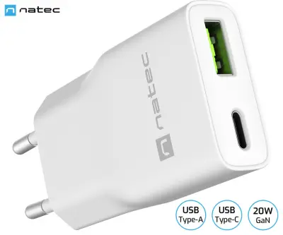Polnilec NATEC RIBERA GaN SLIM, 20W, 1x USB-A, 1x USB-C, PD 3.0, QC 3.0, bel