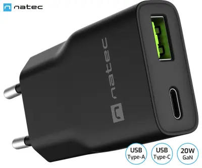 Polnilec NATEC RIBERA GaN SLIM, 20W, 1x USB-A, 1x USB-C, PD 3.0, QC 3.0, črn