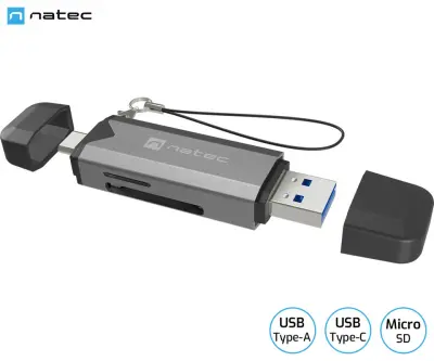 Čitalnik spominskih kartic NATEC SCARAB 3, USB Type-A in USB Type-C, max 2TB, 5 GB/s, microSD/SDHC/T-Flash, črno-siv