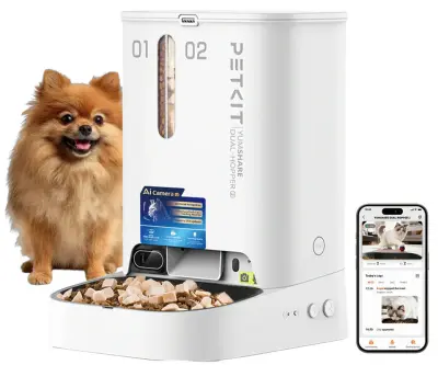 PETKIT YUMSHARE DUAL HOPPER 2 pametni dozirnik hrane, za pse / mačke, 5L prostornina, AI zaznavanje, urnik hranjenja, FHD kamera, IR NightVision, WIF