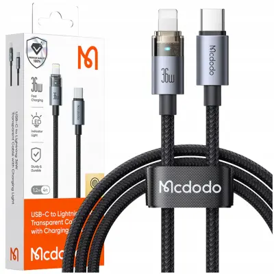 MCDODO USB-C KABEL ZA HITRO POLNJENJE ZA IPHONE LIGHTNING 36W 1M LED ČRN