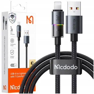 MCDODO USB KABEL ZA HITRO POLNJENJE ZA IPHONE LIGHTNING 3A 36W 1M LED ČRN