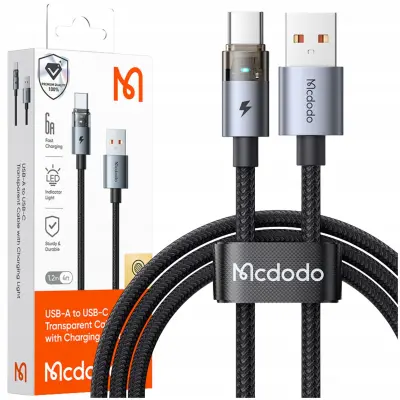 MCDODO KABEL USB-A USB-C HITRO POLNJENJE USB TIPA C 6A 100W 1M LED ČRN