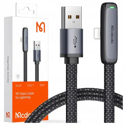 MCDODO KOTNI USB LIGHTNING PLOŠČATI KABEL 36W ZA IPHONE 12 13 14 ČRNEGA RAZMERJA 1M