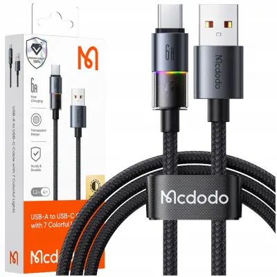 MCDODO KABEL USB-A USB-C HITRO POLNJENJE USB TIPA C 6A 100W 1M LED ČRN
