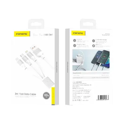 FONENG 3-V-1 KABEL 100W 3A ZA IPHONE 11 12 13 14 1,2 M, 3XW HKRATNO POLNJENJE
