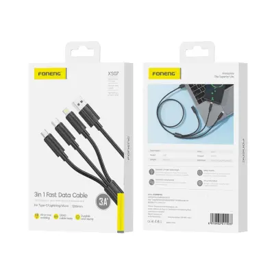 FONENG 3V1 USB-C MICRO LIGHTNING KABEL ZA TELEFON, TABLIČNI RAČUNALNIK, PAMETNI TELEFON, 3A 1/2M