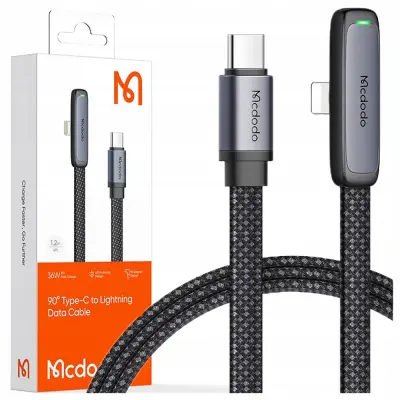 MCDODO KOTNI USB-C LIGHTNING PLOŠČATI KABEL 36W ZA IPHONE 12 13 14 ČRNEGA RAZMERJA 1M