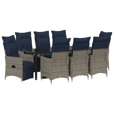 vidaXL Miza in stolčki z blazino 9 pcs Siva PE ratan