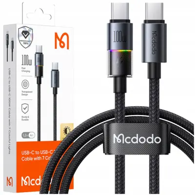 MCDODO USB-C KABEL ZA HITRO POLNJENJE TELEFONOV TIP C 100W 1M LED ČRN