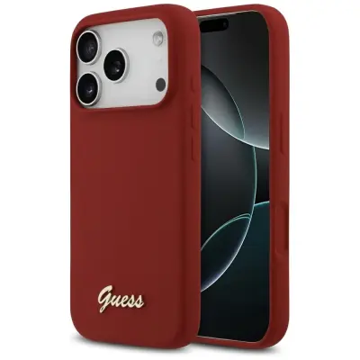 SILIKONSKI OVITEK GUESS Z NAPISANIM KOVINSKIM LOGOM ZA IPHONE 17 PRO, OVITEK MAGSAFE