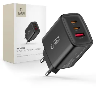 TECH-PROTECT NCA65W-GAN 3-PORTNI STENSKI POLNILEC ZA USB-C PD 65W QC3.0