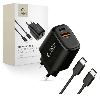 POLNILEC ZA TELEFON TECH-PROTECT Z 2 PRIKLJUČKOMA PD 45 W IN KABLOM QC3.0 + TYPE-C