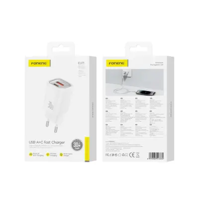 FONENG 30W PD 1XUSB-C STENSKI POLNILEC ZA IPHONE 12 13 14 GALAXY S KABLOM
