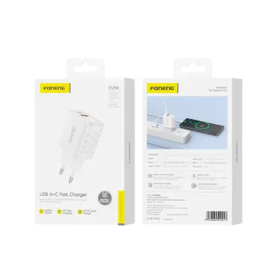 FONENG EU56 GAN PD 20W STENSKI POLNILEC ZA PAMETNE TELEFONE IPHONE USB-C QC3.0