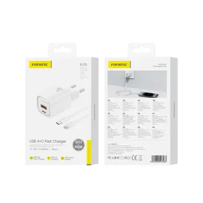 FONENG USB-C QC3 STENSKI POLNILEC ZA APPLE IPHONE IPAD HITER IN UČINKOVIT 2