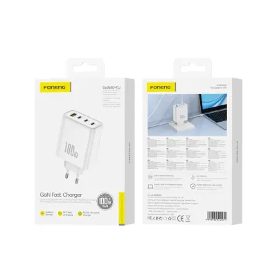 POLNILEC FONENG GAN40 100W 3XUSB-C + 1XUSB QC3.0 ZA IPHONE GALAXY S KABLOM