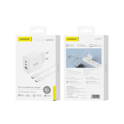 POLNILEC FONENG GAN10-EU PD 65W ZA ANDROID IOS 2XUSB-C QC3.0 + USB-C KABEL