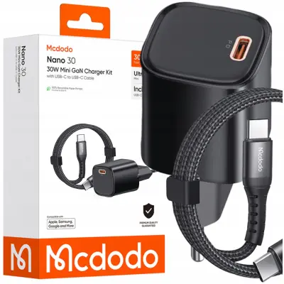 MCDODO HITR STENSKI POLNILEC USB TIPA C NAPAJALNIK 30 W + USB-C KABEL 1 M