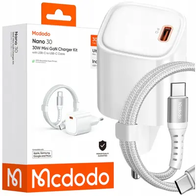 MCDODO HITR STENSKI POLNILEC USB TIPA C NAPAJALNIK 30 W + USB-C KABEL 1 M