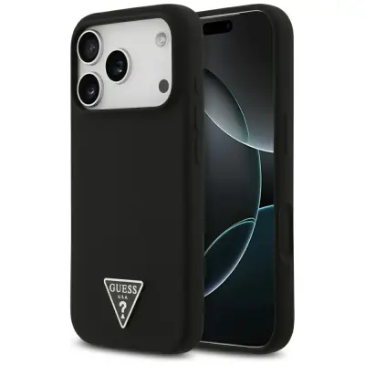 SILIKONSKI OVITEK GUESS S TRIKOTNIKOM IN LOGOM MAGSAFE ZA IPHONE 17 PRO, ZAŠČITNI OVITEK Z LOGOM
