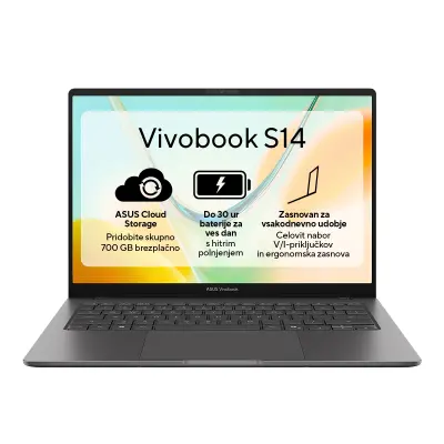 Prenosnik ASUS Vivobook S 14 S5408QA-TM274W X1 26 101, 8GB, SSD256GB, 14" WUXGA 60Hz, Qualcomm Adreno GPU, W11H, brez napajalnika