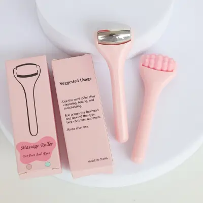 Mini set za masažo obraza in oči, 2 kosa, jeklo in silikon Pink