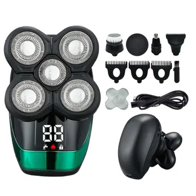 5-Head Rechargeable Men's Electric Shaver — Waterproof Bald Head Shaver Green+Black