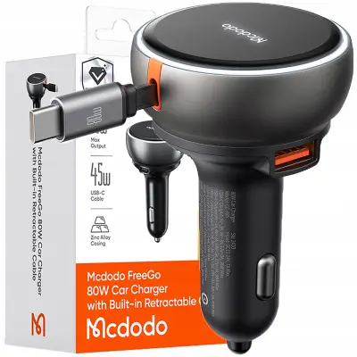 MCDODO ZMOGLJIV HITR AVTO POLNILEC 3X USB USB-C PD 80W LED 1M KABEL