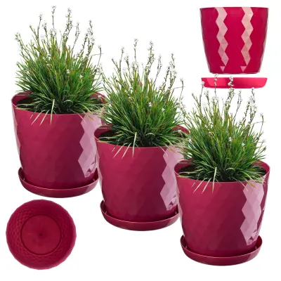 cvetlični lonec, sadilnik, pokrov, 18 cm, stojalo za rože, roza plastika, 3 kosi.
