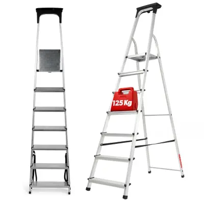 Aluminijasta gospodinjska lestev s 7 stopnicami, zložljiva polica, 125 kg, poljski izdelek