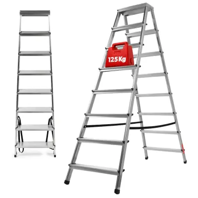 aluminijasta gospodinjska lestev, 8 stopnic, dvostranska zložljiva lestev, 125 kg