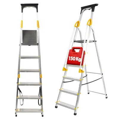 Aluminijasta gospodinjska lestev, 6 stopnic, zložljiva lestev, ograja, kavelj, 150 kg