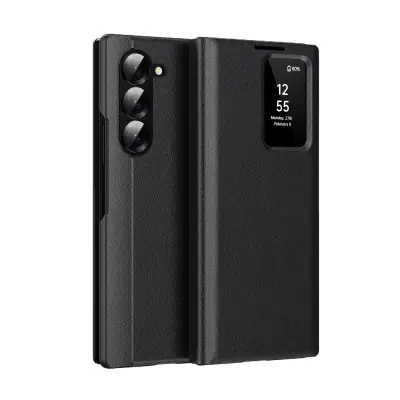 Odprta emb - ovitek za Samsung Z Fold 8 Ultra za telefon,ohišje Smart View PU usnjeno flip nosilec,s samodejno bujenja (potreben je prenos App) - čr