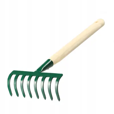 Majhne grablje za listje in travo 36 cm 8 zob lesen ročaj