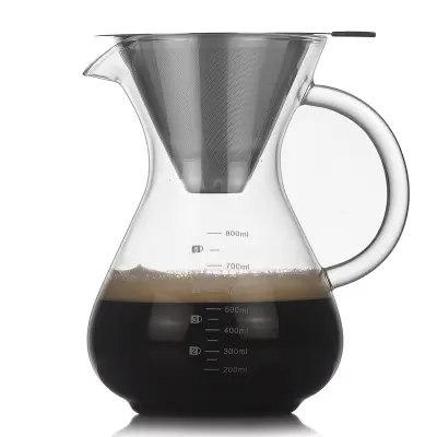 Stekleni kavni aparat Pour Over z ročajem in filtrom iz nerjavečega jekla  600 ml