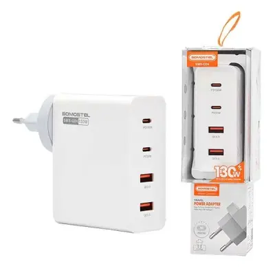 Polnilec stenski USB, 2x USB, 2x USB-C, 130W, PD+QC3.0, beli