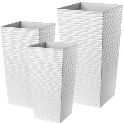 Komplet 3 vrtnih lončkov + vložki, visoki veliki, beli, 37+47+57 cm
