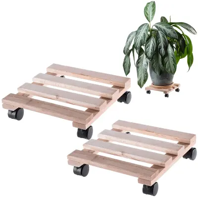 Stojalo za cvetlične lončke, leseno korito na kolesih, kvadratna platforma, 30 cm